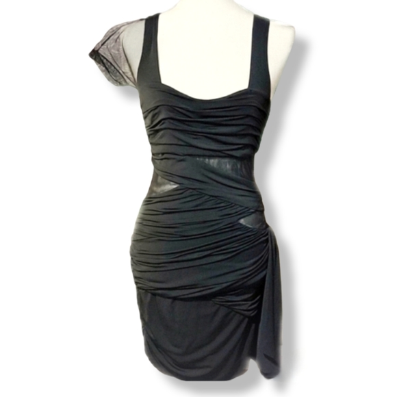 Sexy Black Asymmetrical Bandage-style Mini Dress with Sheer Panels, size 5 - Picture 12 of 15